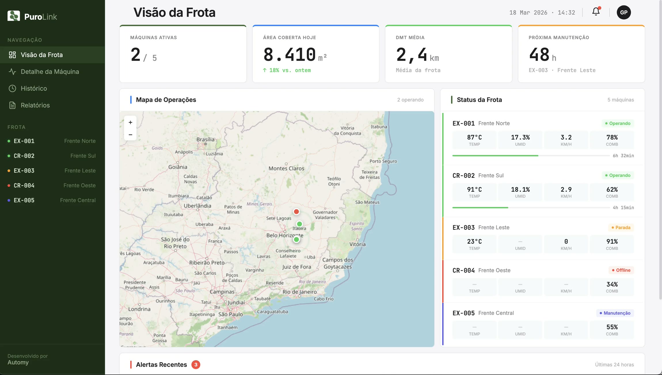 PuroLink, tela Visão da Frota com mapa de operações, status das máquinas e indicadores do dia